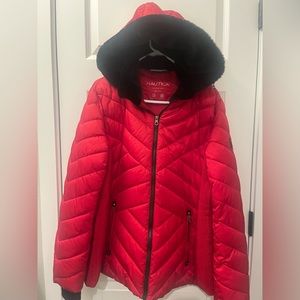 Nautica red winter coat with faux fur hood